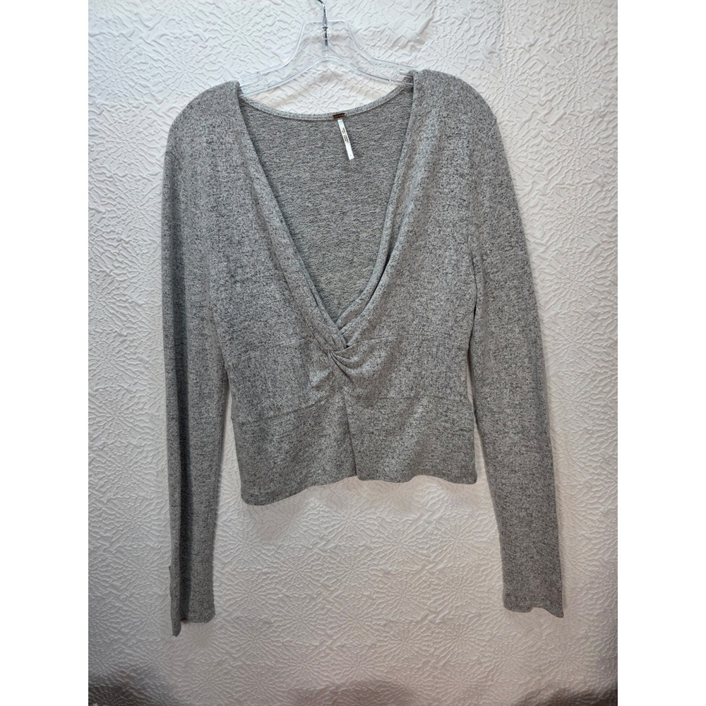 Free People Twist Front Top Womens Large Gray Good Long Sleeve V-Neck Cropped